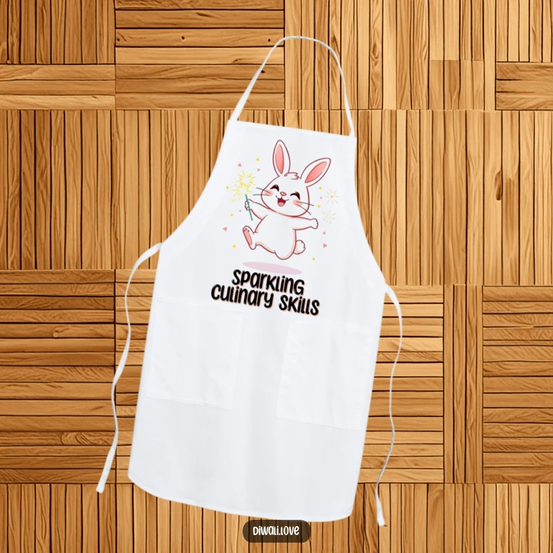 Funny bunny apron designed for cooking, featuring a cheerful rabbit holding sparklers, ready for kitchen fun.