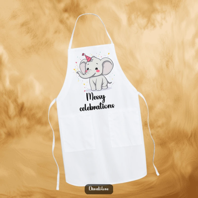 Funny apron: A festive elephant joyfully tossing Holi powder, a cheerful and practical kitchen accessory.