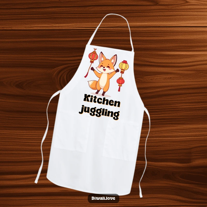 Funny apron: A curious fox juggling ornate lanterns, a whimsical and practical kitchen accessory.