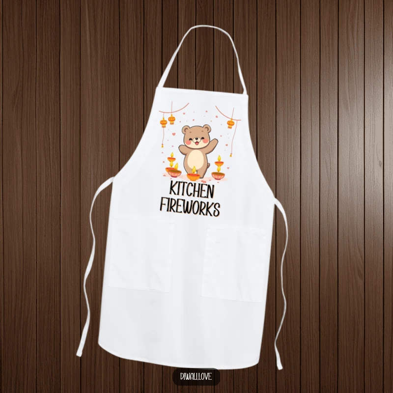 Funny apron: A playful bear dancing amidst floating diyas, a whimsical and practical kitchen accessory.