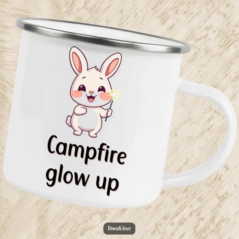 Funny cheerful rabbit camping mug with a sparkler, designed for joyful adventures and humorous use.