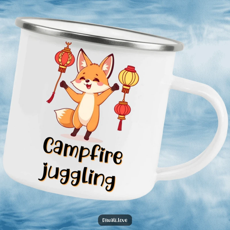 Funny camping mug: A curious fox juggling ornate lanterns, durable and whimsical for outdoor fun.