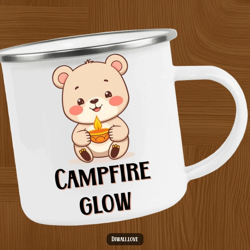 Funny bear character holding a warm diya lamp, an enamel camping mug for outdoor fun and humor, great gift.