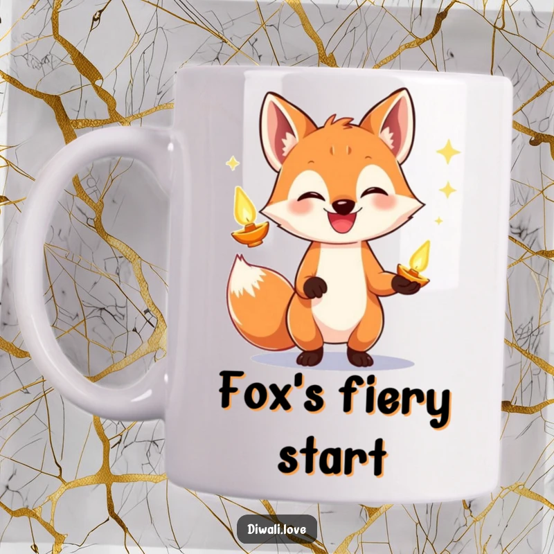 Funny fox mug showing a playful fox grinning widely while expertly juggling several brightly glowing diyas, radiating warmth.