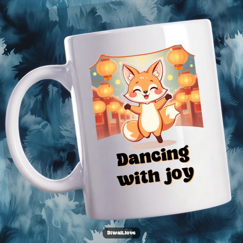 Funny dancing fox mug surrounded by glowing lanterns, radiating pure joy and energetic fun.