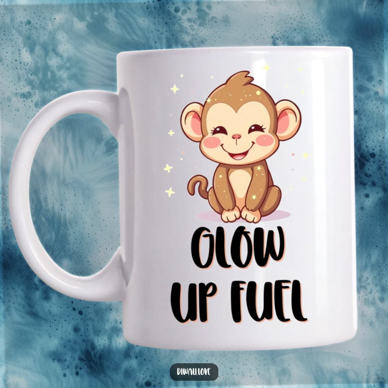 Funny mug: A happy monkey cheerfully sprinkling magical sparkling lights with a wide, infectious smile.
