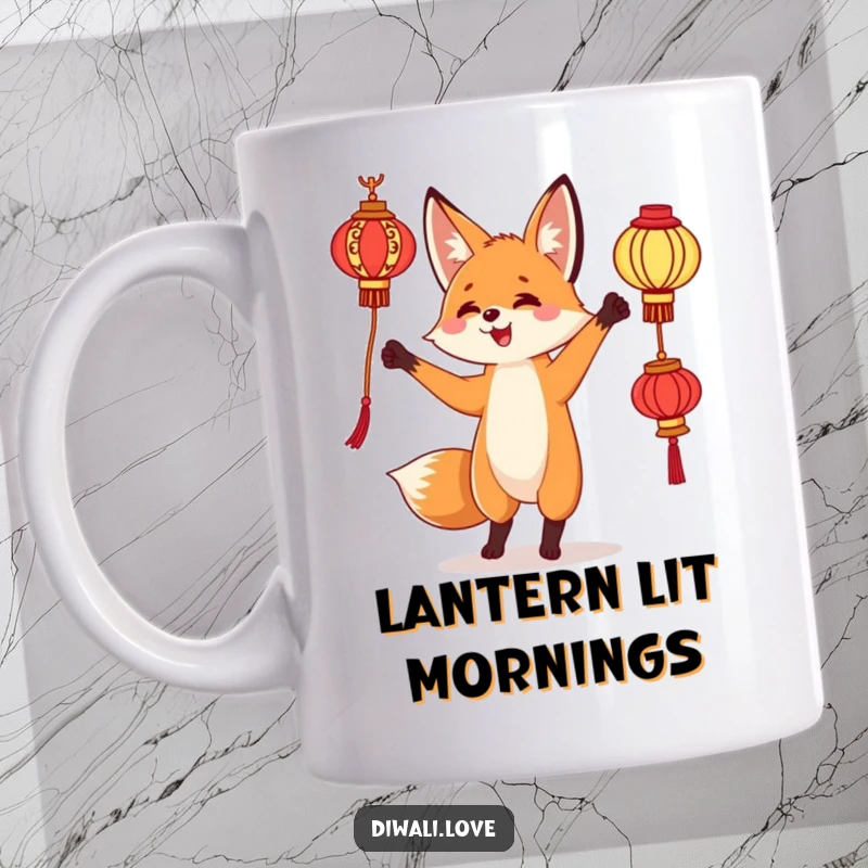 Funny mug: A curious fox skillfully juggling several ornate, glowing lanterns with a look of pure delight.