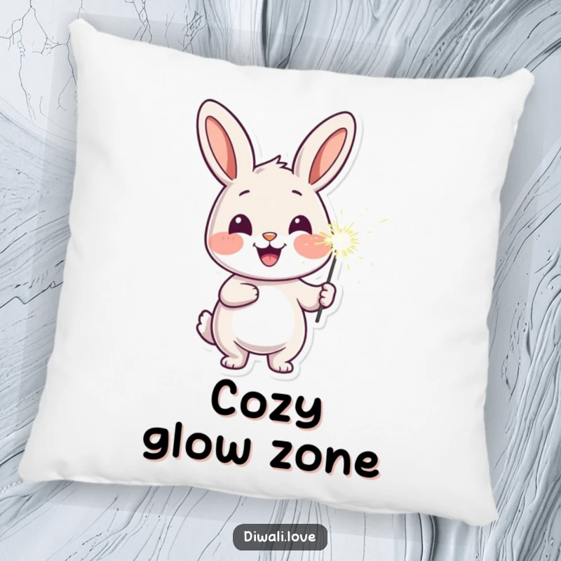 Funny cheerful rabbit pillow featuring a sparkler lighting its face, offering soft, joyful, and humorous comfort.