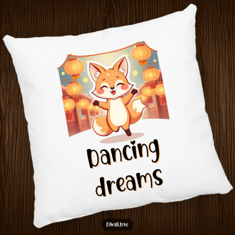 Funny dancing fox pillow with glowing lanterns, offering soft, joyful, and humorous comfort.
