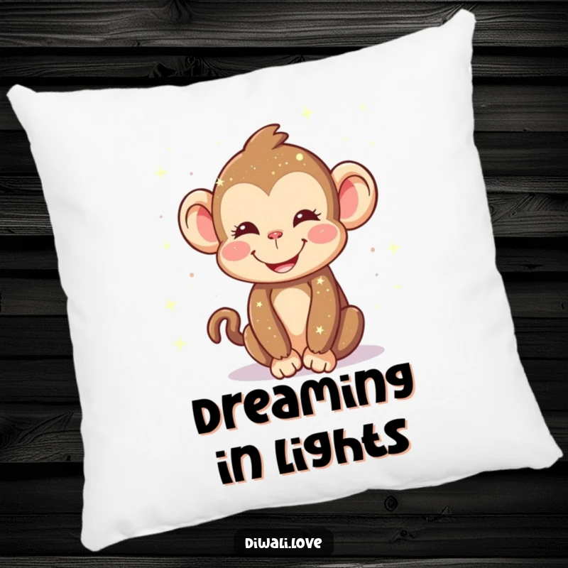 Funny pillow: A happy monkey smiling as it sprinkles bright, sparkling lights, a cozy and cheerful addition.
