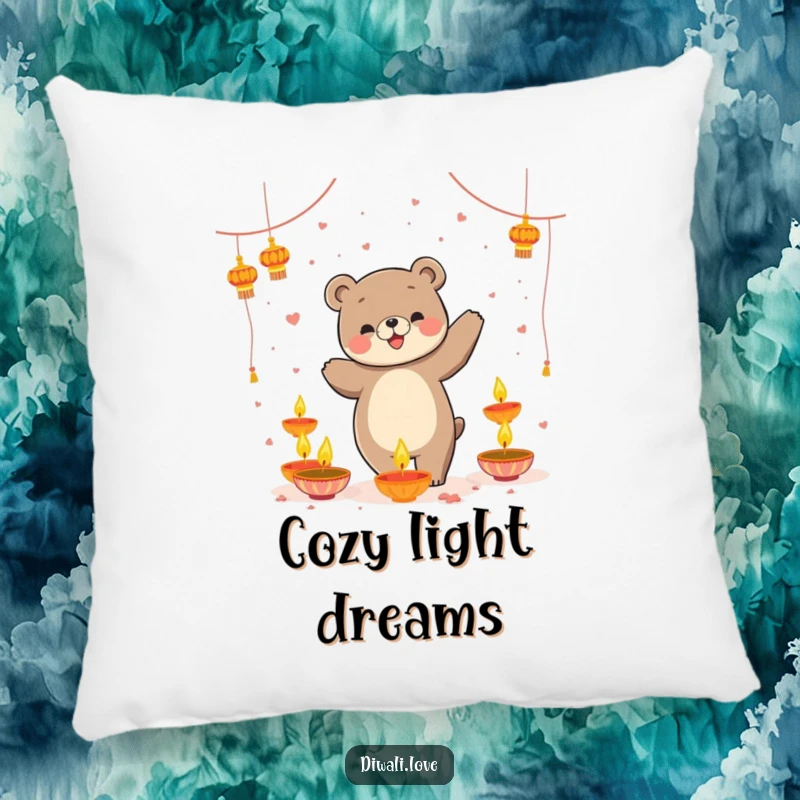 Funny pillow: A playful bear dancing amidst floating diyas, adding a touch of festive charm to decor.
