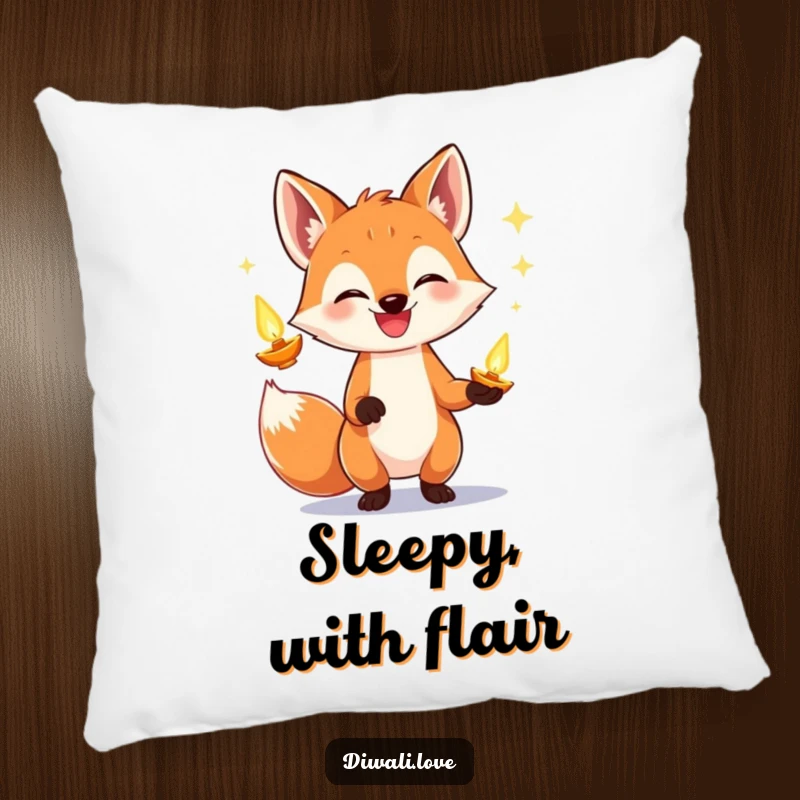 Funny fox pillow showing a grinning fox juggling bright diyas, perfect for adding a festive and cozy accent.