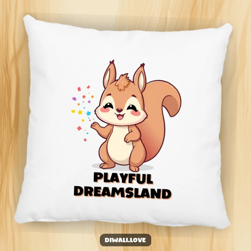 Funny playful squirrel pillow tossing colorful powder, offering soft, cheerful, and humorous comfort.