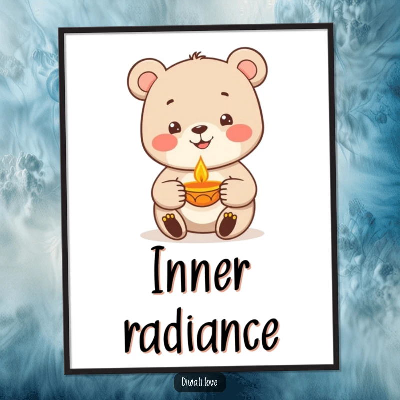 Funny bear character holding a warm diya lamp, a delightful digital art print for instant humorous home decor, great gift.