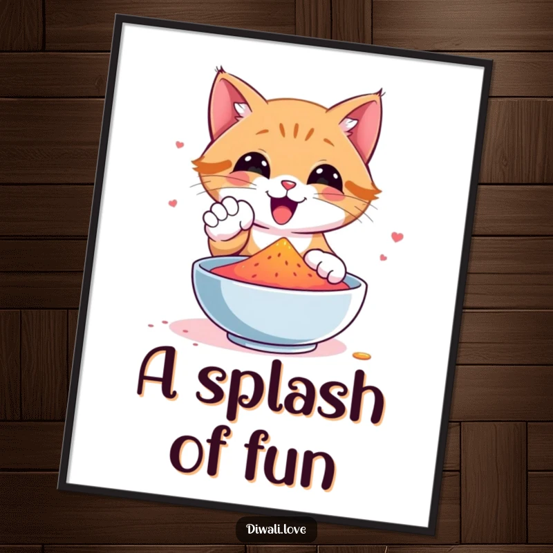 Funny cat digital art print of a happy cat playfully interacting with colorful gulal powder, ready for instant display.