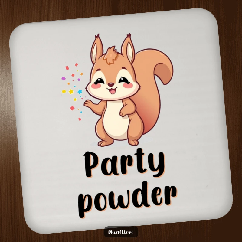 Funny playful squirrel powder coaster, offering joyful and humorous surface protection.