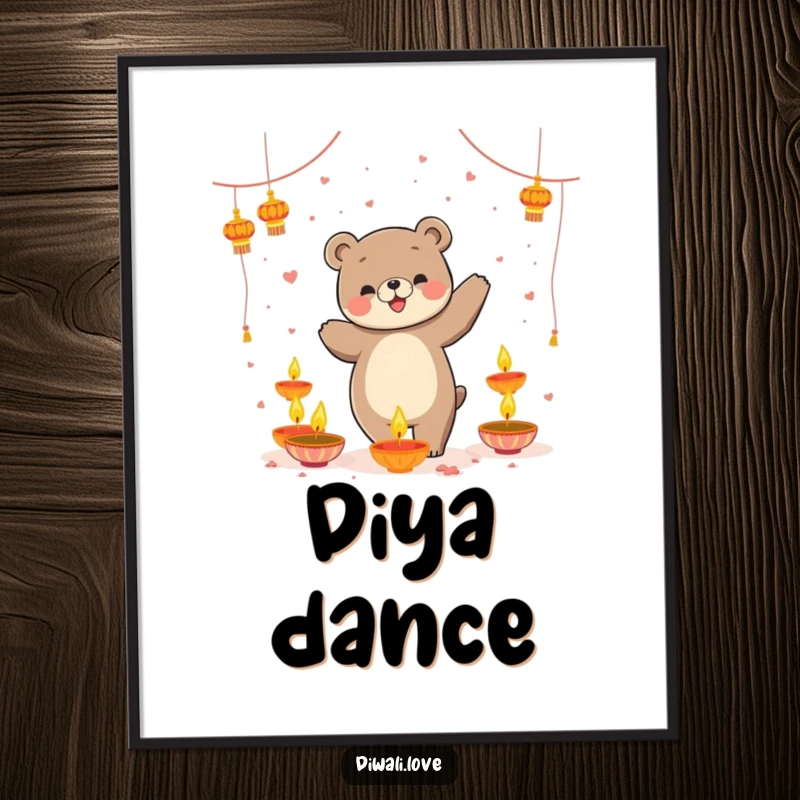 Funny poster: A playful bear dancing joyfully among floating, luminous diyas, creating a magical ambiance.