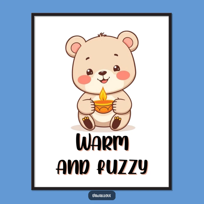 Funny Bear Diya Lamp Art Print - Warm & Whimsical Wall Decor