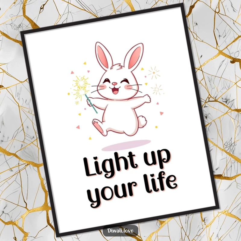 Funny bunny poster art of a cheerful rabbit leaping with vibrant sparklers, creating a lively and joyous atmosphere.