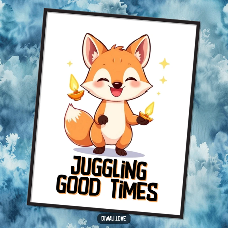 Funny fox poster of a wide-grinning fox expertly juggling multiple glowing diyas, creating a magical and festive ambiance.