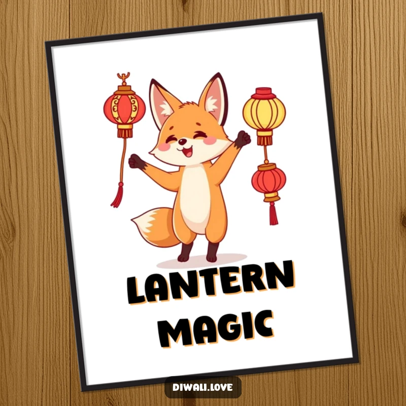 Funny poster: A curious fox delightedly juggling ornate lanterns, creating a magical and warm ambiance.