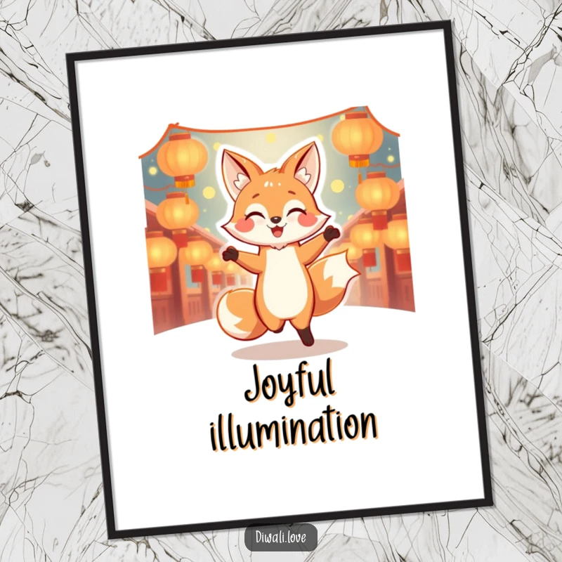 Funny dancing fox poster with glowing lanterns, creating joyful and humorous wall art for festive decor.