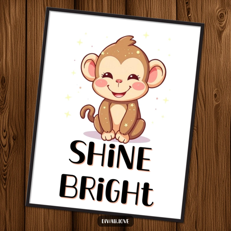 Funny poster: A happy monkey smiling while sprinkling glowing, sparkling lights, adding magic to decor.