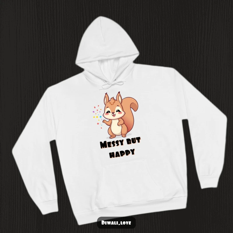Funny cozy hoodie featuring a playful squirrel tossing colorful powder, combining warmth with cheerful humor.