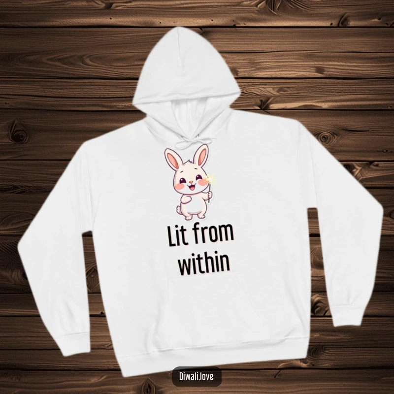 Funny cozy hoodie with a cheerful rabbit holding a sparkler, providing warmth and festive humor.