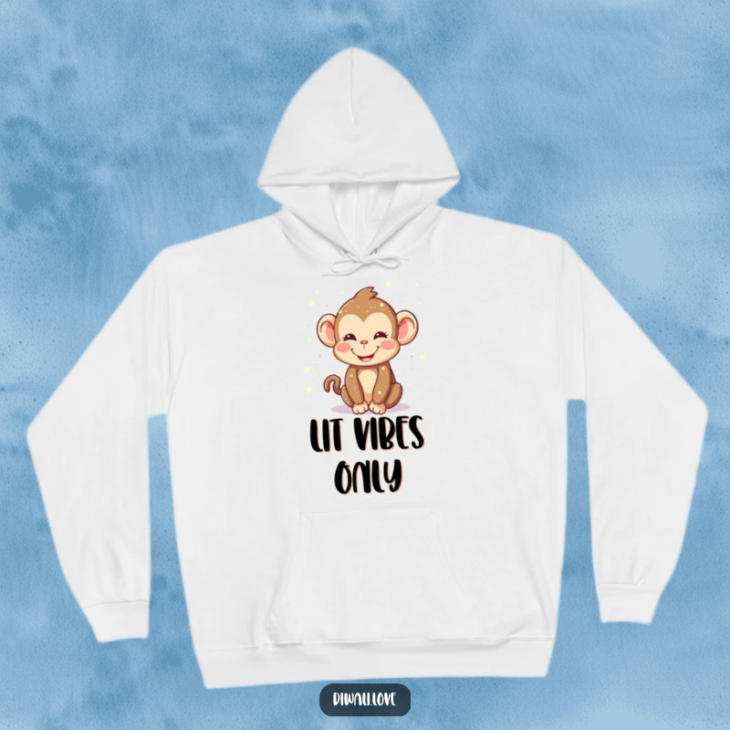 Funny hoodie: A happy monkey smiling as it sprinkles dazzling, sparkling lights, creating a festive atmosphere.