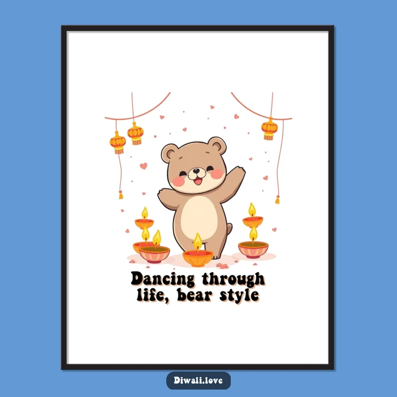 Funny Free Printable Wall Art: Dancing Bear with Diyas, Downloadable Decor