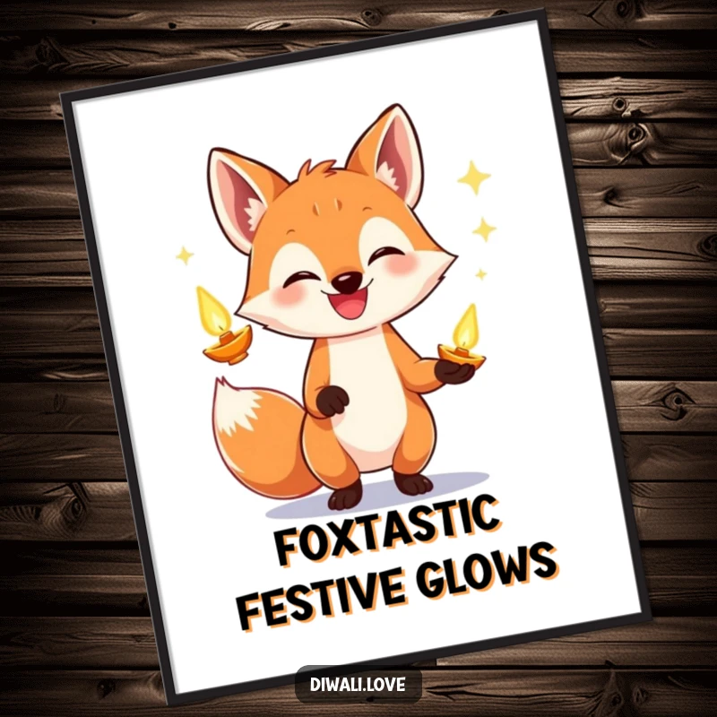 Funny Free Printable Wall Art of a grinning fox skillfully juggling multiple brightly glowing diyas.