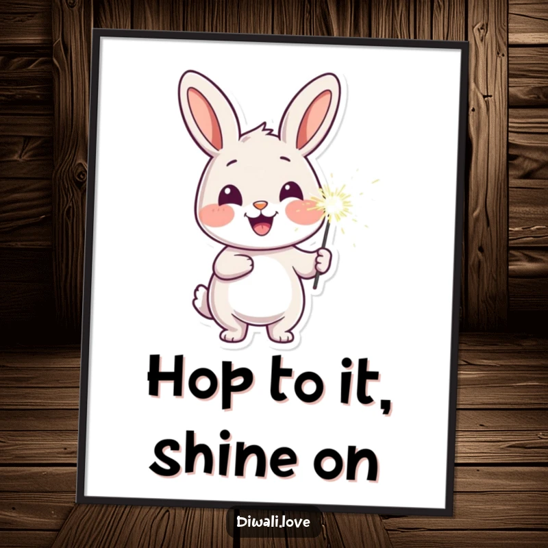 Funny Free Printable Wall Art: Cheerful rabbit holding a lit sparkler, illuminating its face, festive decor.