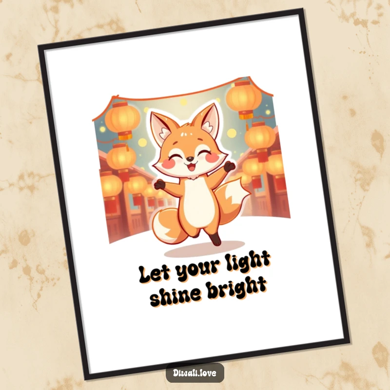 Funny Free Printable Wall Art: Dancing fox surrounded by glowing lanterns, radiating pure joy, festive decor.