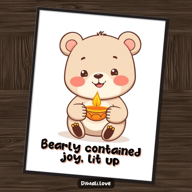 Funny Free Printable Wall Art: A contented bear holds a diya lamp casting a warm, inviting glow.