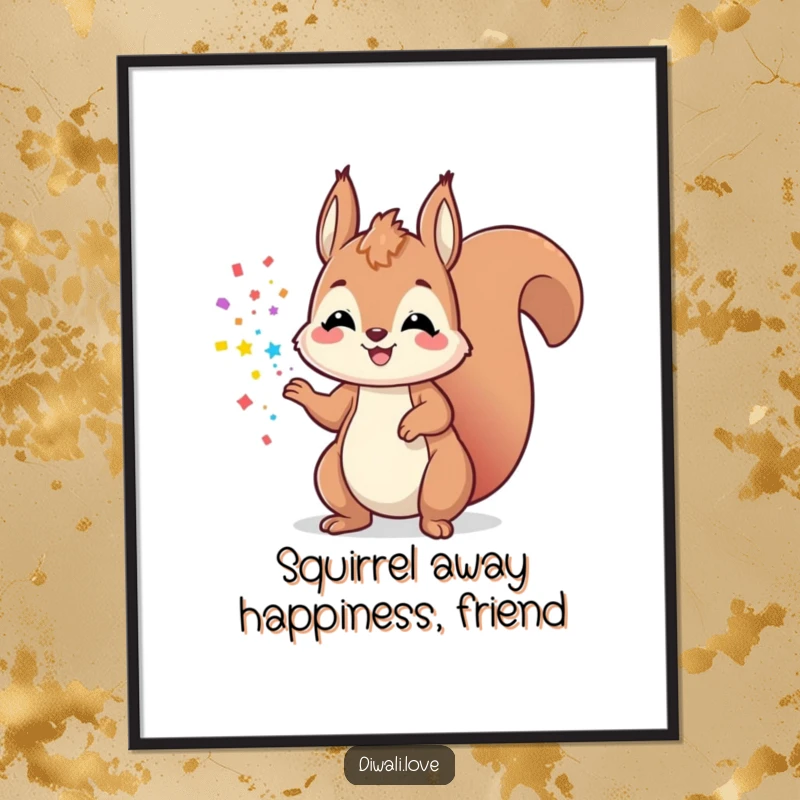 Funny Free Printable Wall Art: Playful squirrel tossing colorful powder into the air with a huge smile.