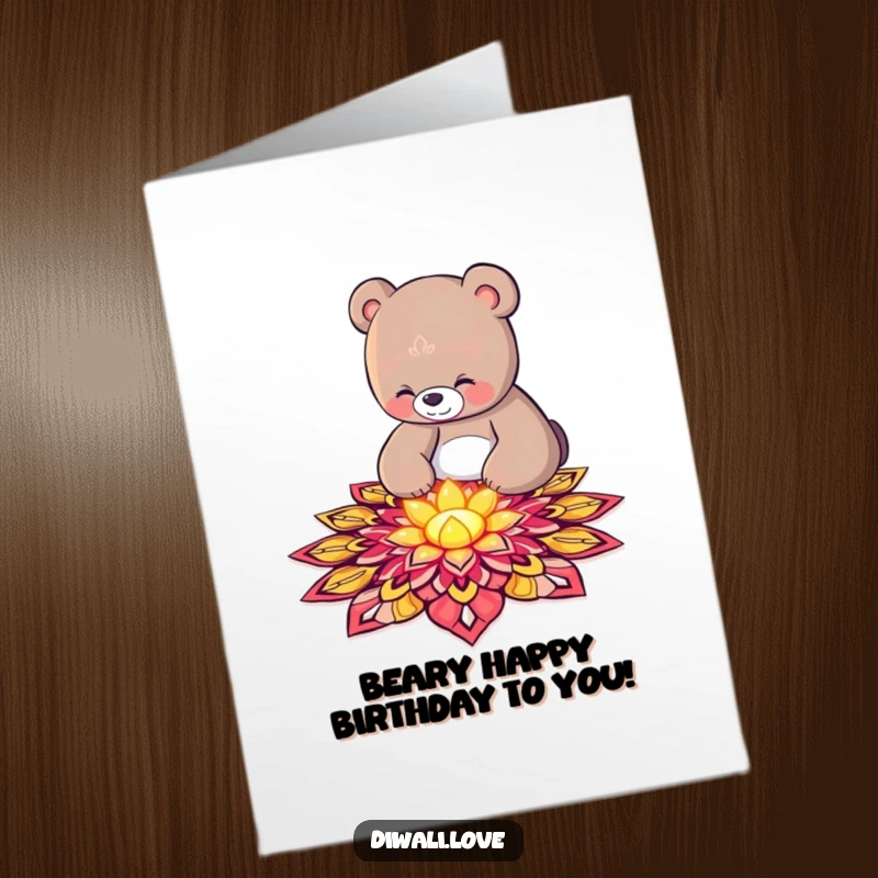 Funny Free Printable Birthday Card of a curious bear decorating an ornate rangoli pattern with glowing petals.