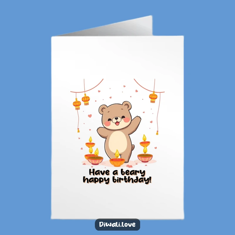 Free Printable Birthday Card: Dancing Bear with Diyas, Funny Downloadable Gift