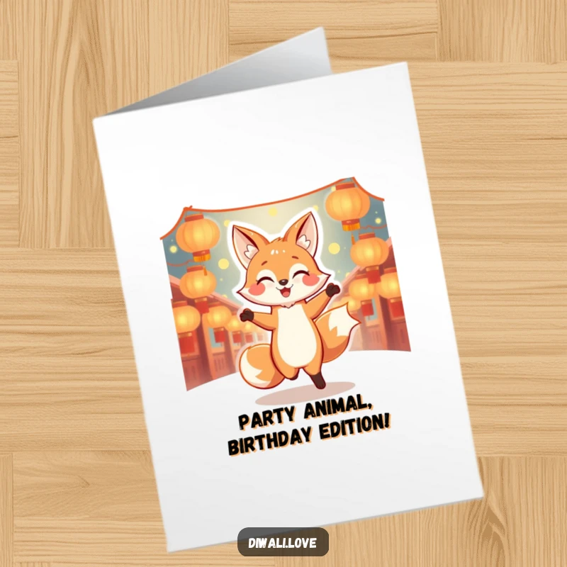 Funny Free Printable Birthday Card: Dancing fox surrounded by glowing lanterns, radiating pure joy, festive.