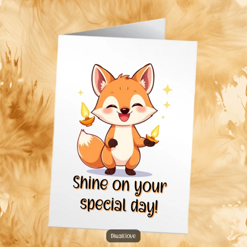 Funny Free Printable Birthday Card featuring a grinning fox expertly juggling bright, glowing diyas.