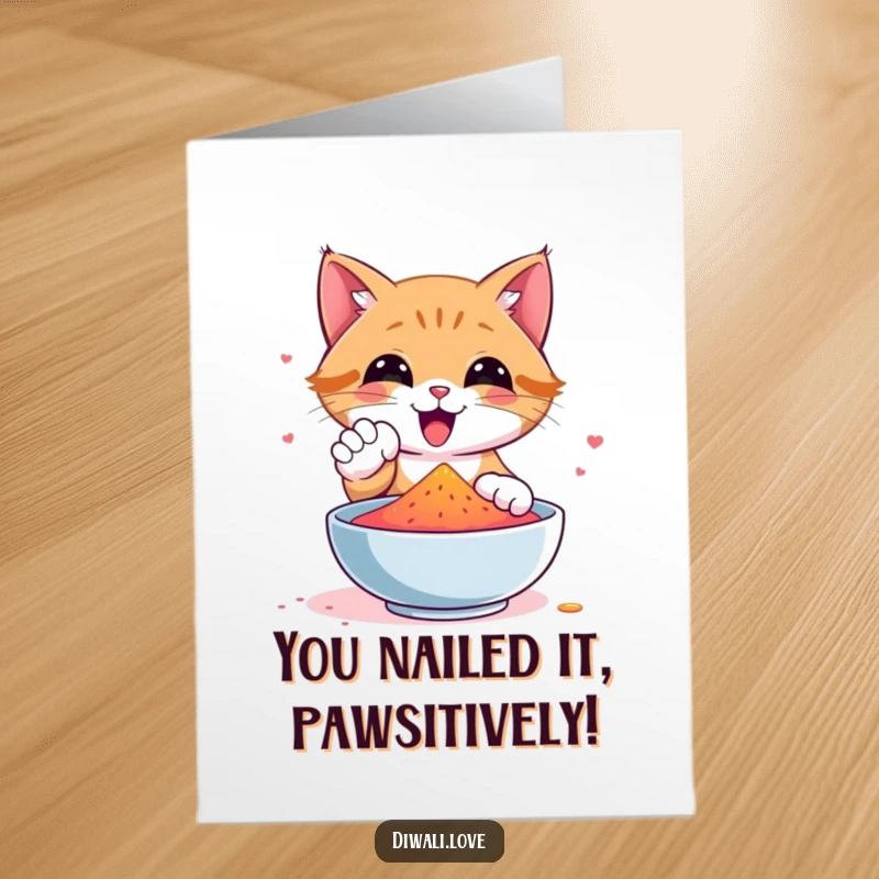 Funny Free Printable Congratulations Card featuring a happy cat with its paw in a bowl of bright, colorful gulal powder.
