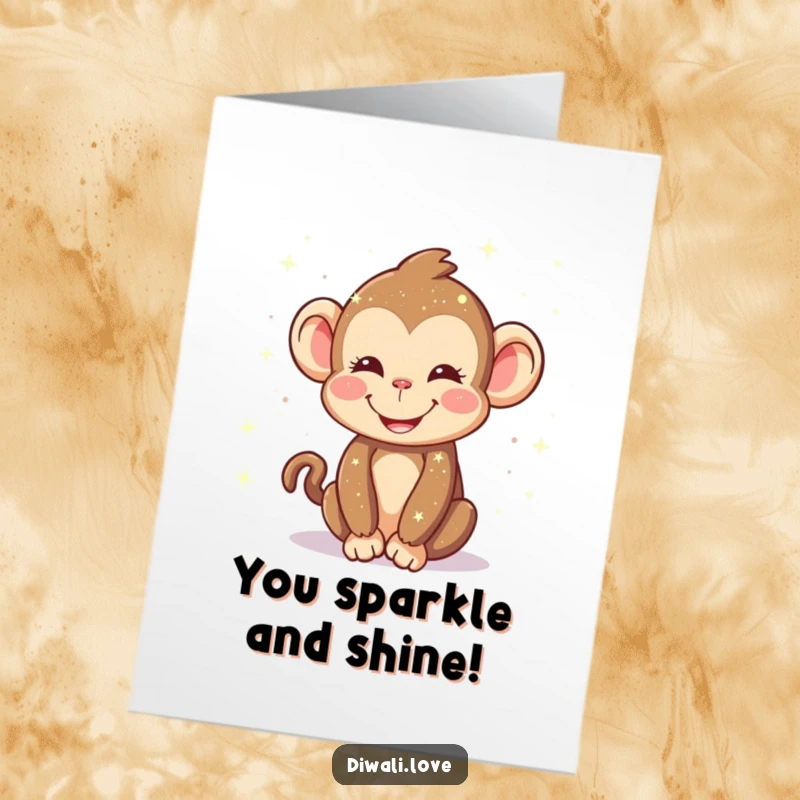 Funny Free Printable Congratulations Card: Happy monkey smiling, sprinkling sparkling lights, celebrating achievement with a cheerful glow.
