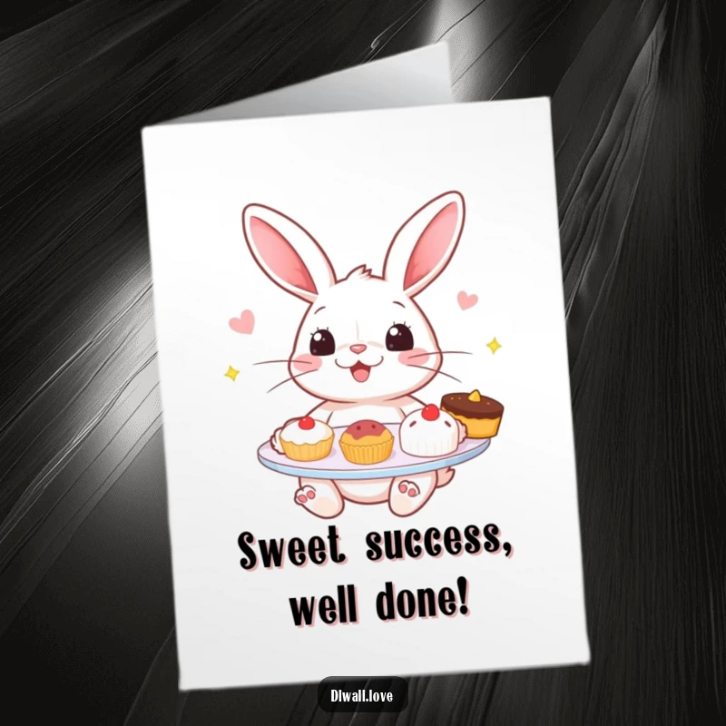 Funny Free Printable Congratulations Card: Cheerful rabbit offering a plate of tempting sweets, celebrating success with a delightful treat.