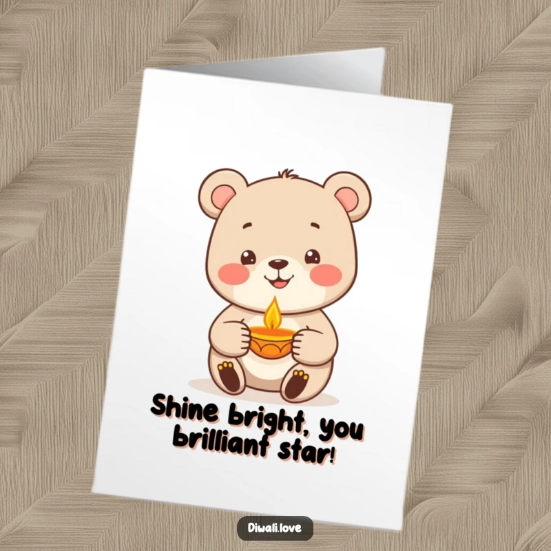 Funny Free Printable Congratulations Card: A happy bear holds a glowing diya lamp, symbolizing warm wishes for success.
