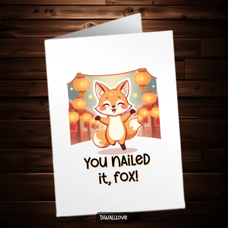 Funny Free Printable Congrats Card: Dancing fox surrounded by glowing lanterns, radiating pure joy, celebratory.