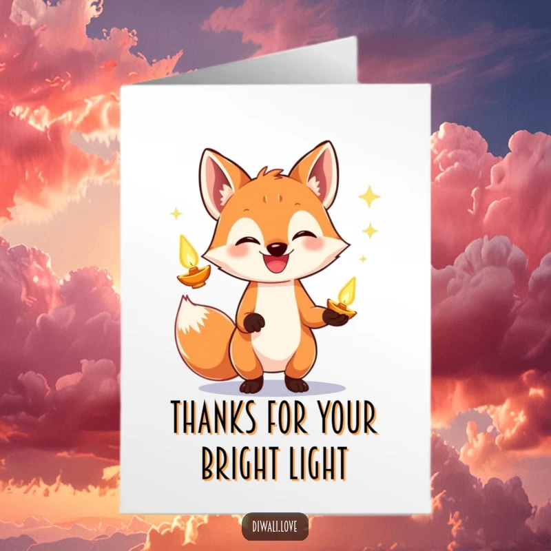 Funny Free Printable Thank You Card featuring a happy fox juggling several small, glowing diyas.