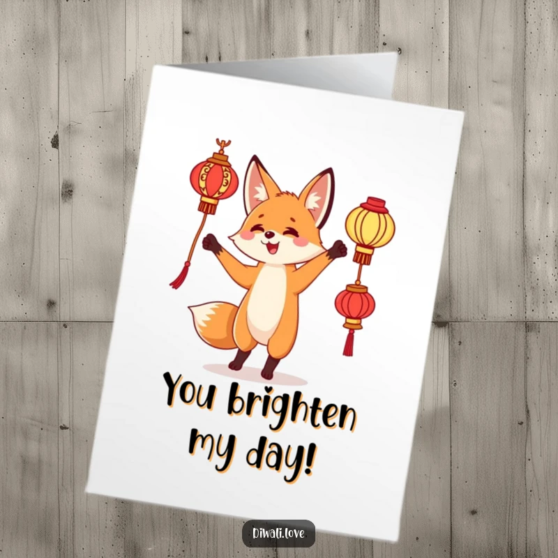 Funny Free Printable Thank You Card: Curious fox delightedly juggling ornate lanterns, a charming and bright way to say thank you.