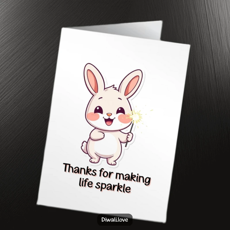 Funny Free Printable Thank You Card: Cheerful rabbit holding a lit sparkler, illuminating its face, thankful.