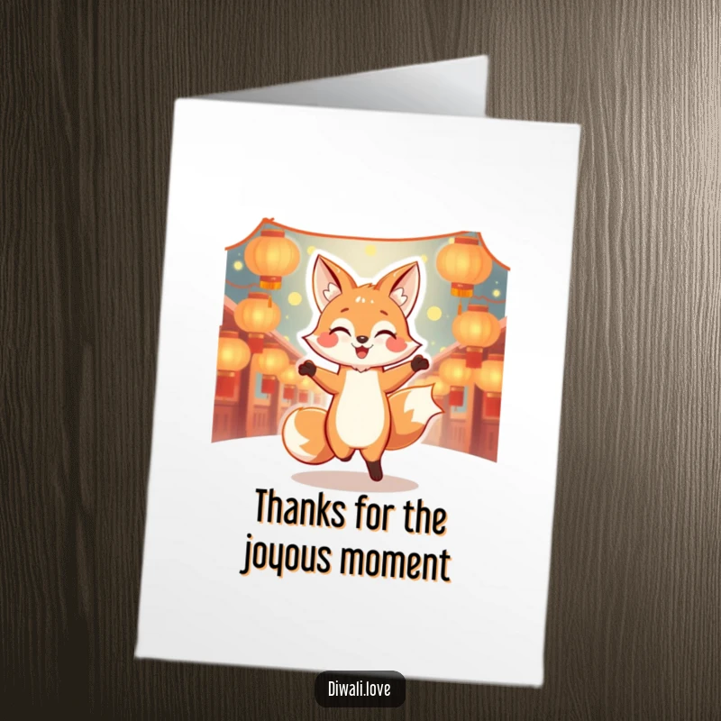Funny Free Printable Thank You Card: Dancing fox surrounded by glowing lanterns, radiating pure joy, thankful.