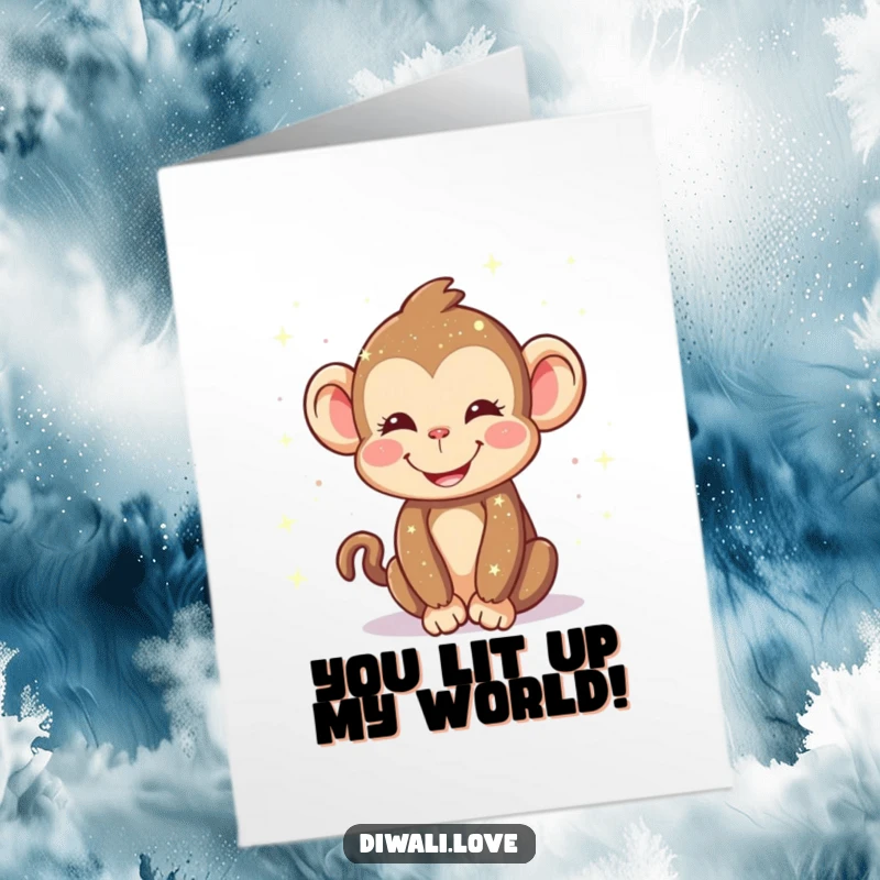 Funny Free Printable Thank You Card: Happy monkey smiling, sprinkling sparkling lights, a bright and cheerful way to say thank you.